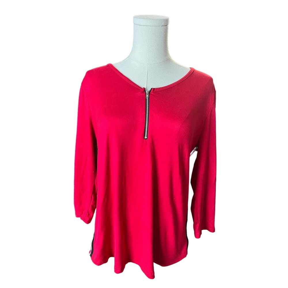 Top Fashion of NY Red Top, Long Sleeves, 1/4 Zipper, Stripes, Red, Womens Medium